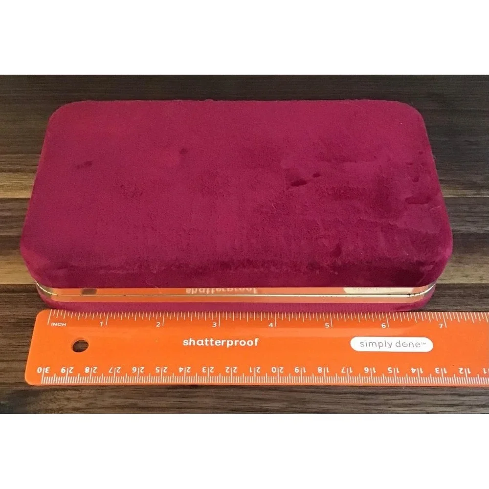 VTG Red Velvet Clamshell Jewelry Travel Case Gold Compact Mirror Retro 70's Box